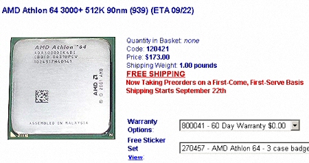 AMD Athlon 64 3000+ 512K 90nm (939) (ETA 09/22) 